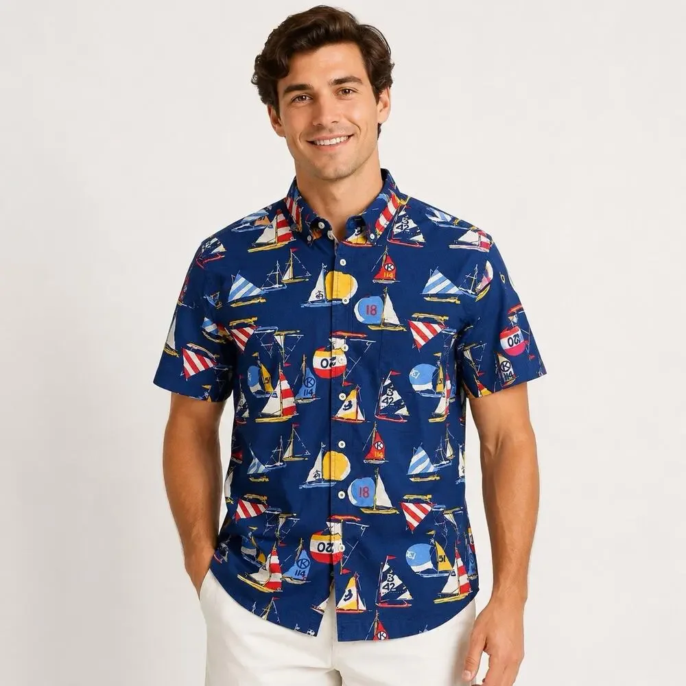 Brooks Brothers Regent Fit Men’s M Nautical Sailboat Print Cotton Shirt Blue